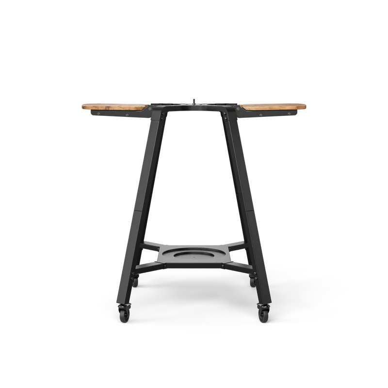 Black metal stand with wooden side shelves and caster wheels for outdoor grilling and lawn tools accessories collections