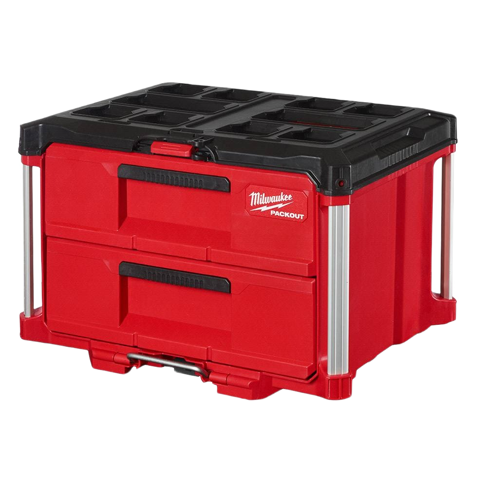 Red and black two-drawer modular tool storage box designed for organization in tools and home improvement projects