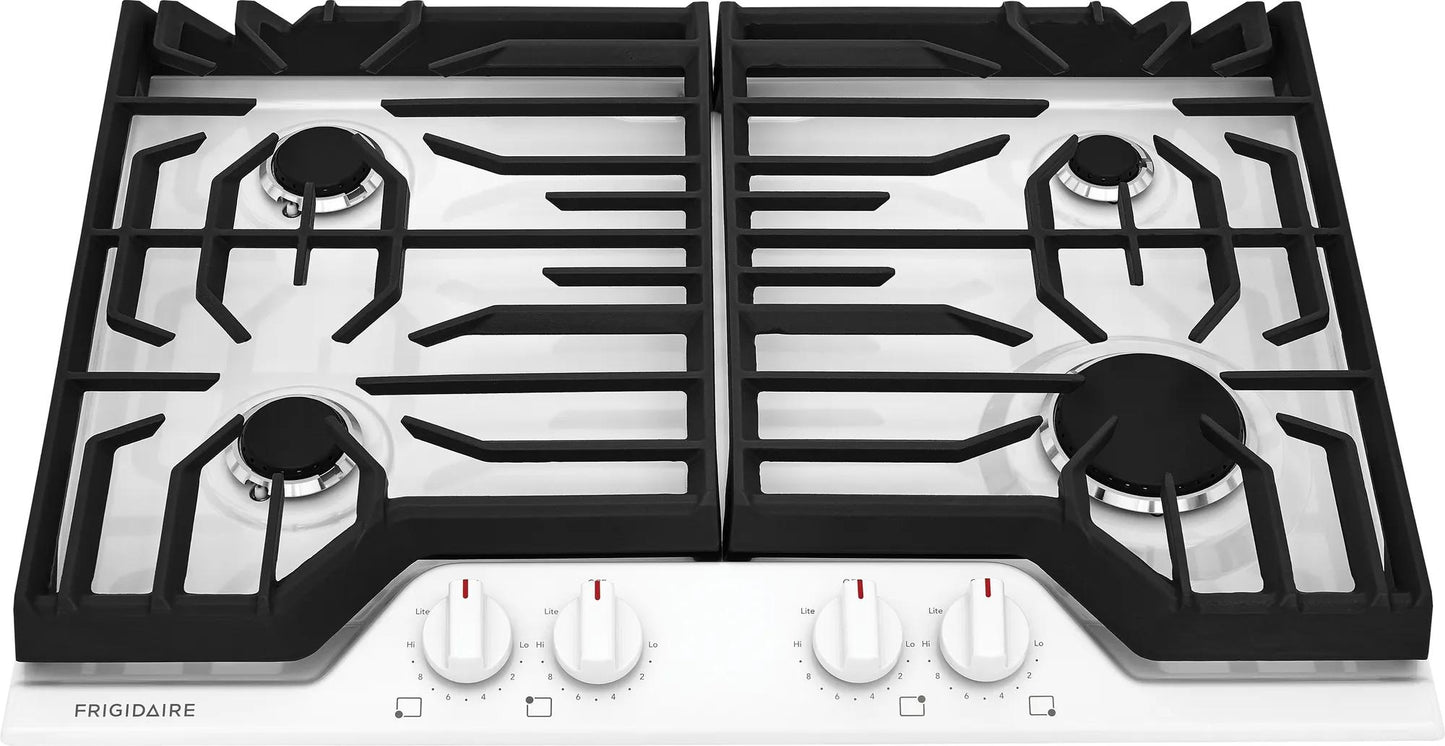 White 30-inch gas cooktop with four burners and edge-to-edge grates in cooktops and kitchenware collection