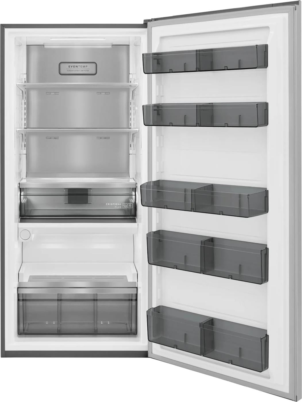 Open stainless steel single-door refrigerator showing adjustable glass shelves and clear door bins in kitchen setting