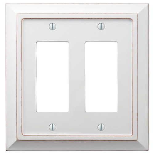 Distressed white wood double rocker switch wall plate with vintage rustic finish for home improvement projects