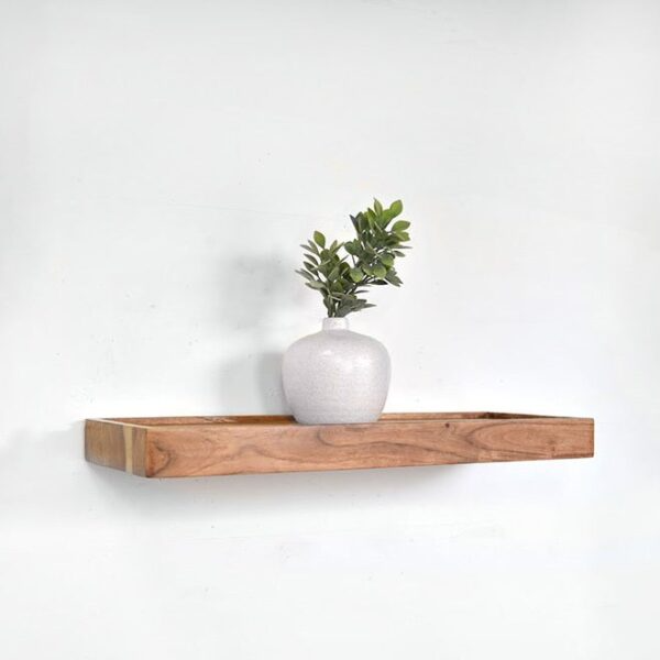 Minimalist wooden floating shelf with decorative white vase and greenery for bathroom and storage organization