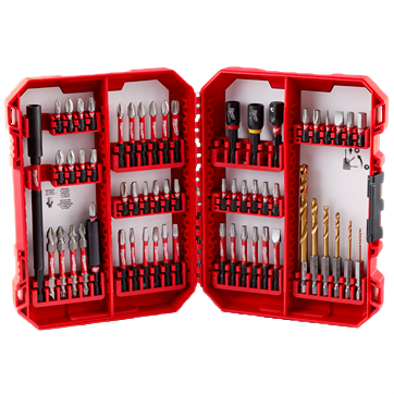 Red compact case with 60-piece impact duty drill and drive bit set for woodworking tools and power tool accessories.