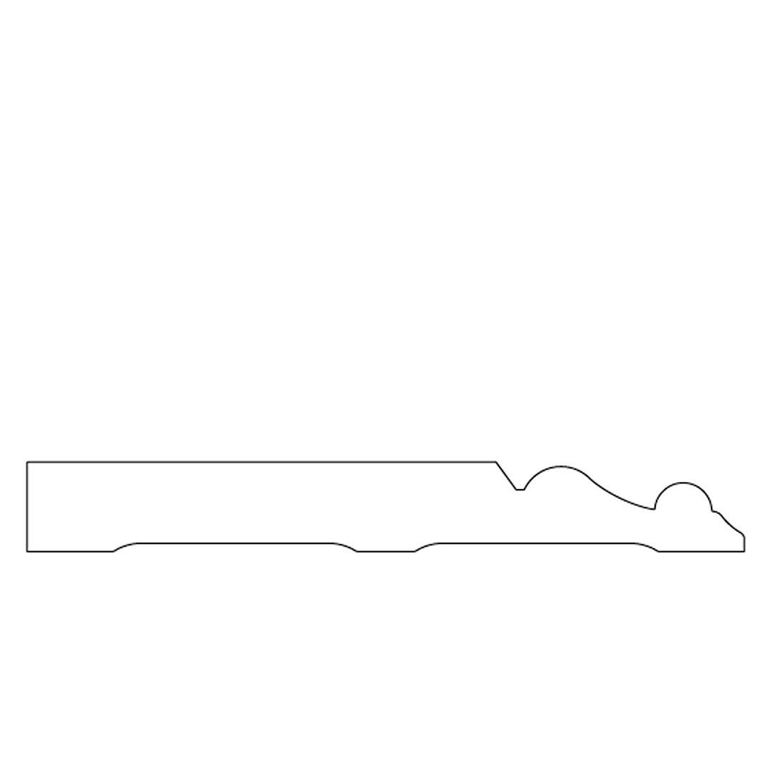 Profile view of a pop base trim piece with curved and angled molding design for home improvement projects