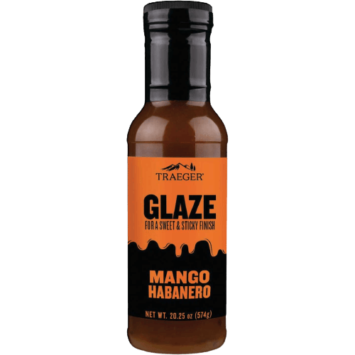 Bottle of Traeger Mango Habanero glaze with black cap, ideal for grilling sauces and BBQ rubs under $50 collection
