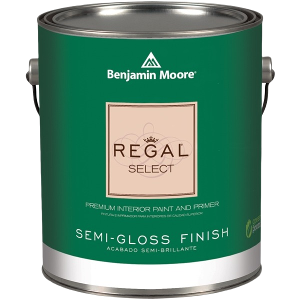Green can of Benjamin Moore Regal Select semi-gloss interior paint with labeling for home improvement and supplies
