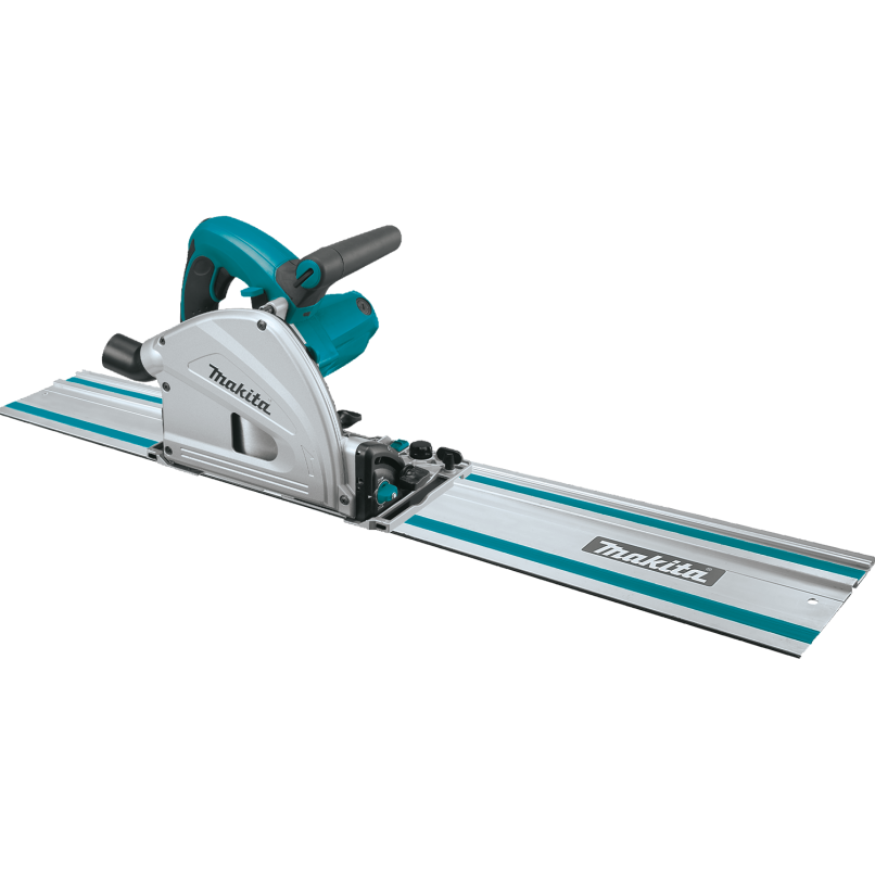 Teal and silver plunge circular saw with a 55-inch guide rail designed for tools and home improvement tasks