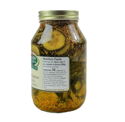 Glass jar of sliced bread and butter pickles with mustard seeds in preserved goods from Hartville Kitchen collection