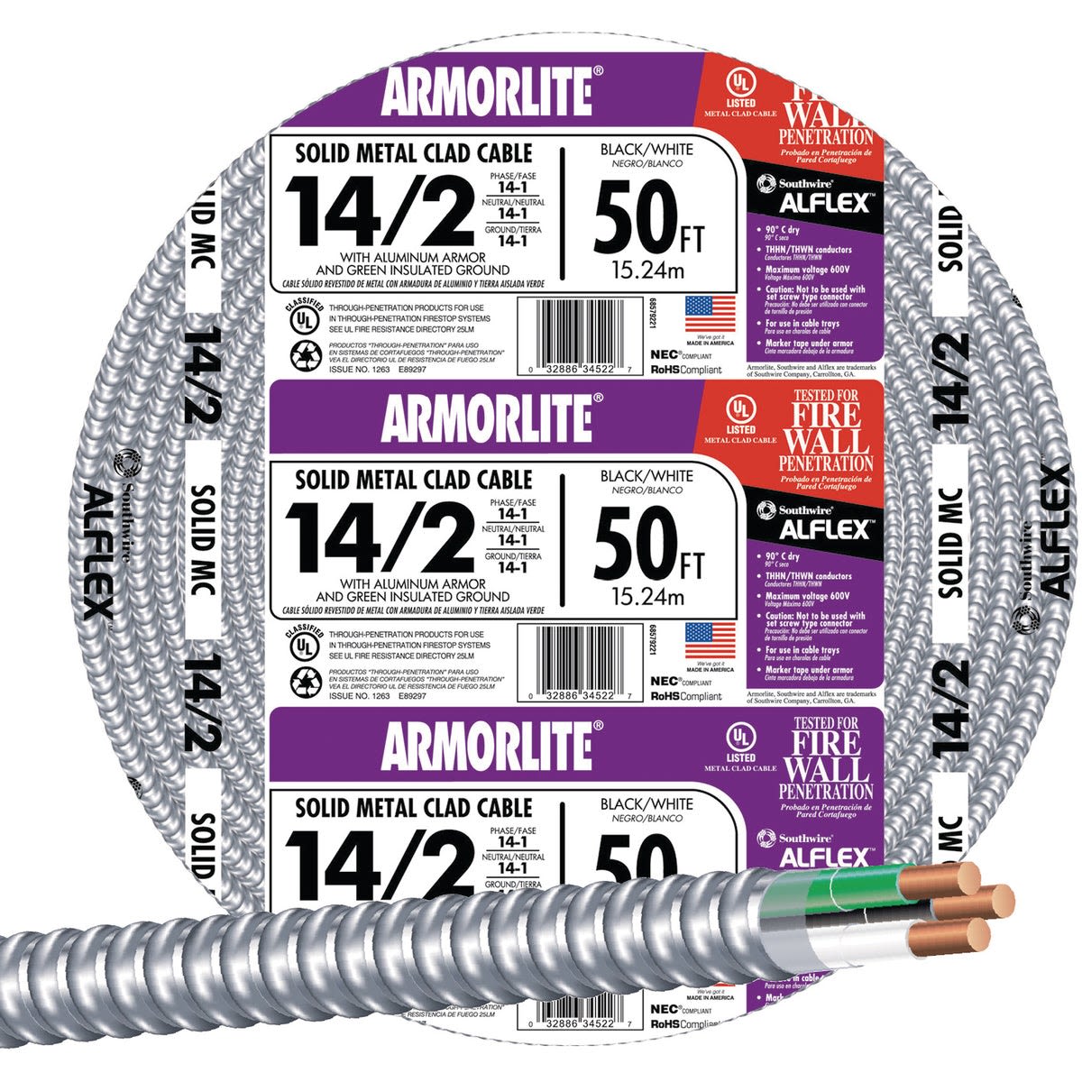 Aluminum armored cable with metal cladding and 50-foot length for fire-resistant home improvement wiring projects