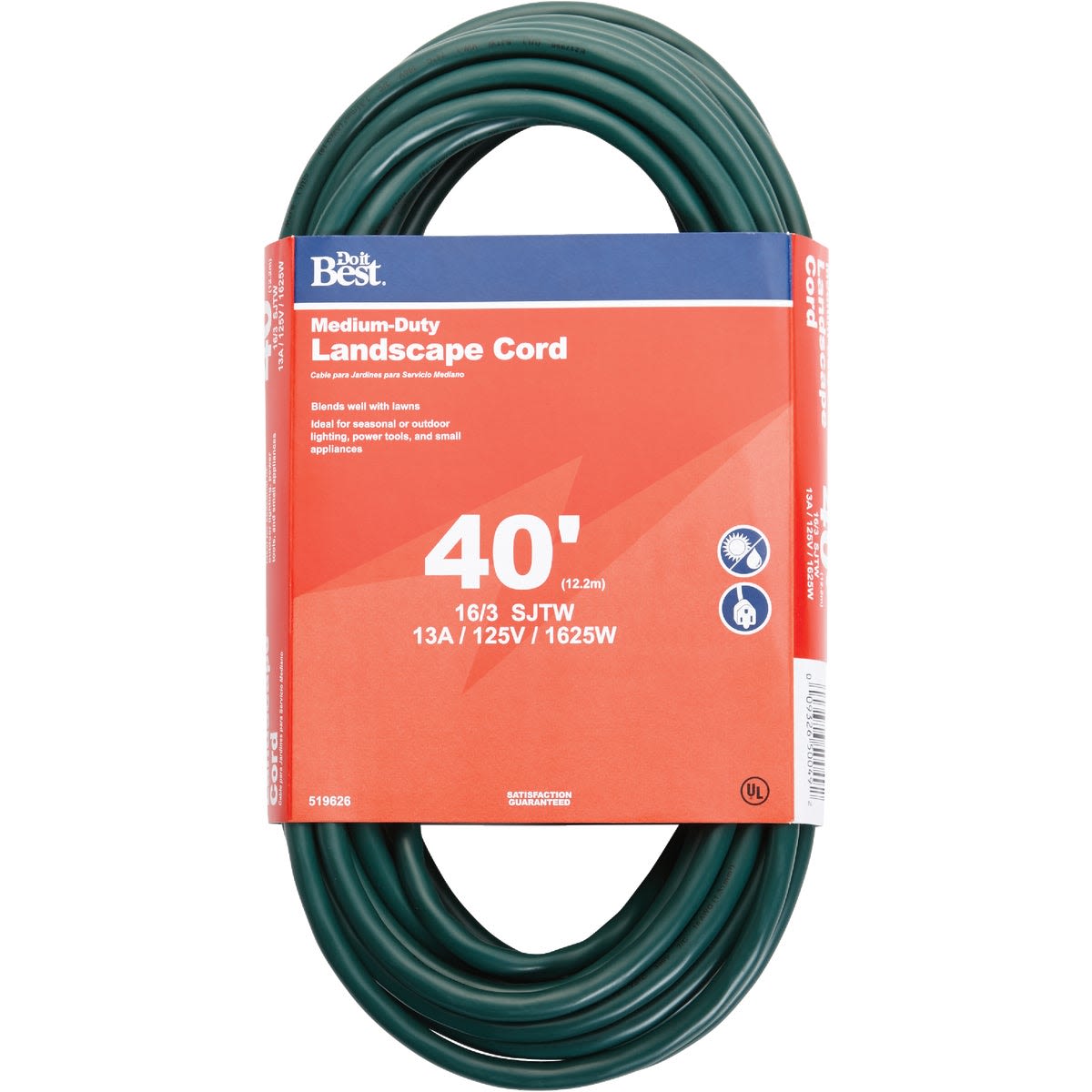 Green 40-foot medium-duty landscape extension cord for electrical and home improvement projects under 50 dollars