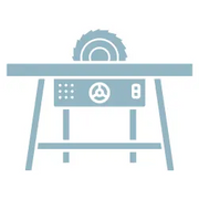 Simplified blue graphic of a table saw with a circular blade and sturdy legs, symbolizing home improvement and woodworking tools.