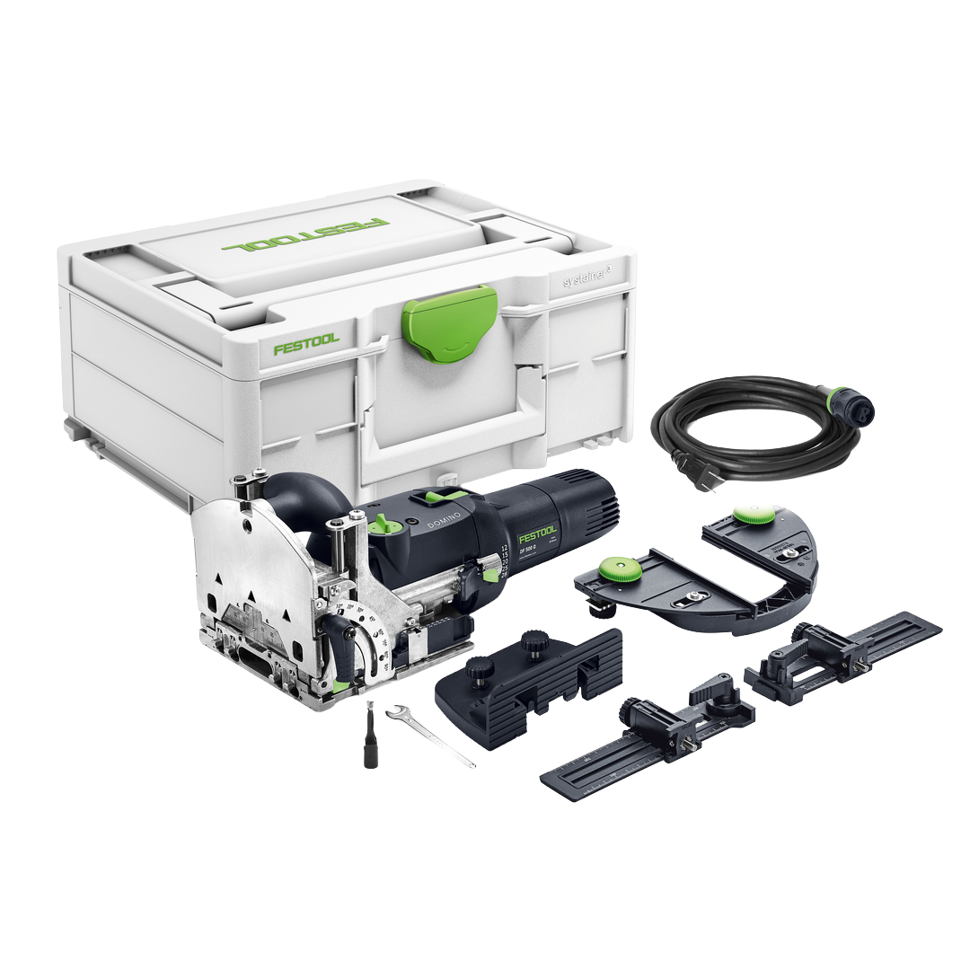 Precision woodworking joiner kit with black and green tool, custom fittings, cable, and durable white storage case for power and electric woodworking tools.