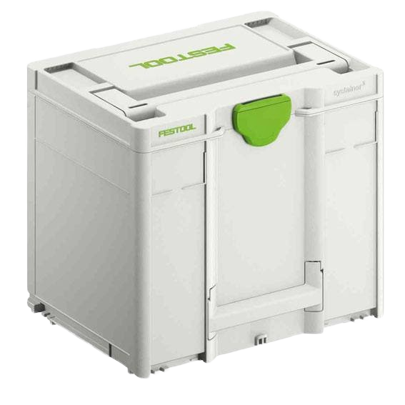 Compact white and green modular tool storage box from Festool for workshop and jobsite organization