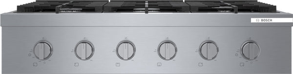 36-inch stainless steel gas rangetop with six burners and continuous heavy-duty grates from Bosch Cooktops collection