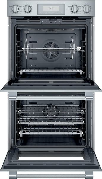 Double wall oven in stainless steel with multiple racks and convection fan from Thermador appliances collection