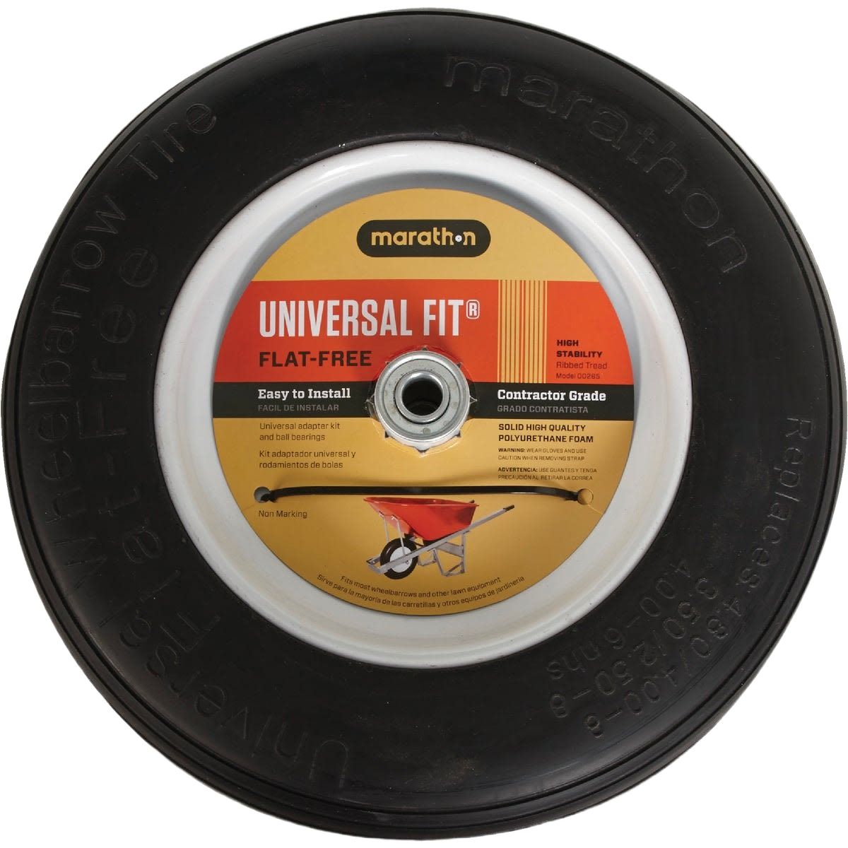 Universal black flat-free wheelbarrow tire with solid polyurethane foam and easy installation for home improvement use