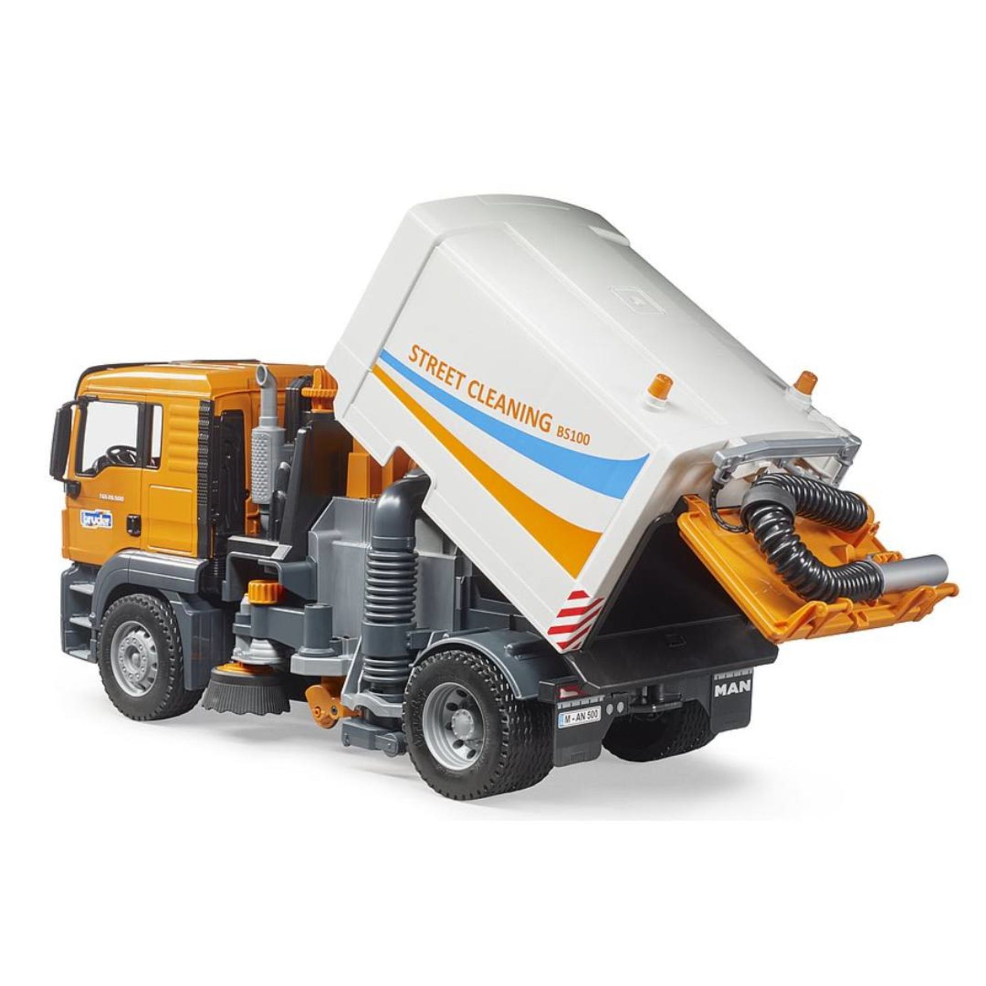 Detailed yellow and white street sweeper toy with rotating brushes in Vehicles & Remote Controlled Toys collection
