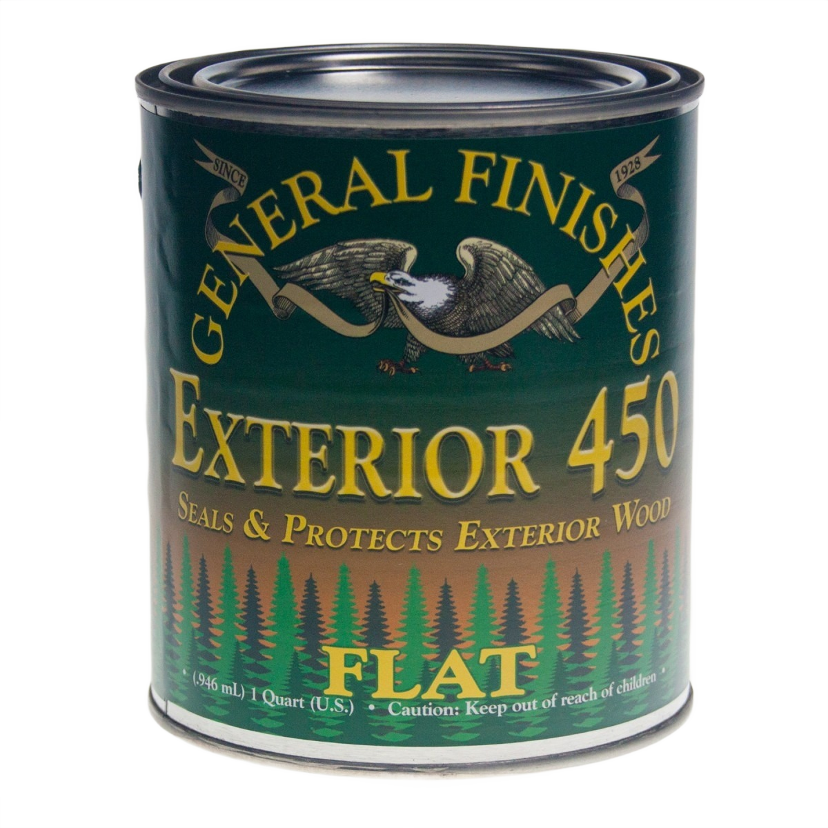 Quart can of clear flat exterior varnish for sealing and protecting outdoor wood in home improvement projects