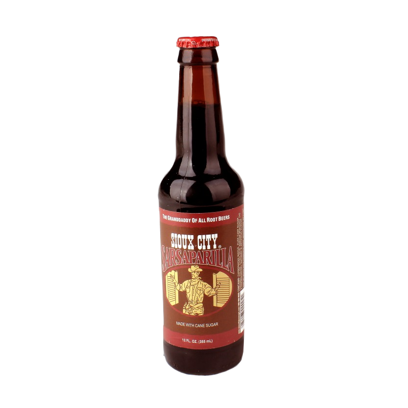 Dark glass bottle of Sioux City sarsaparilla soda with red label featuring vintage illustration and text details