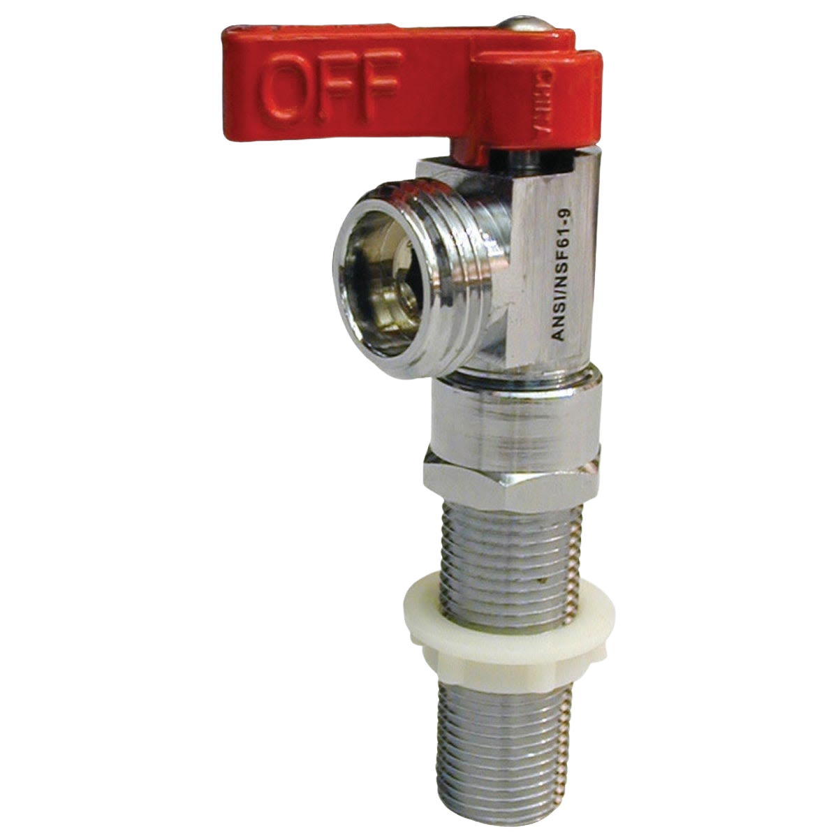 Chrome-plated brass quarter turn valve with red handle for washing machine plumbing and home improvement projects