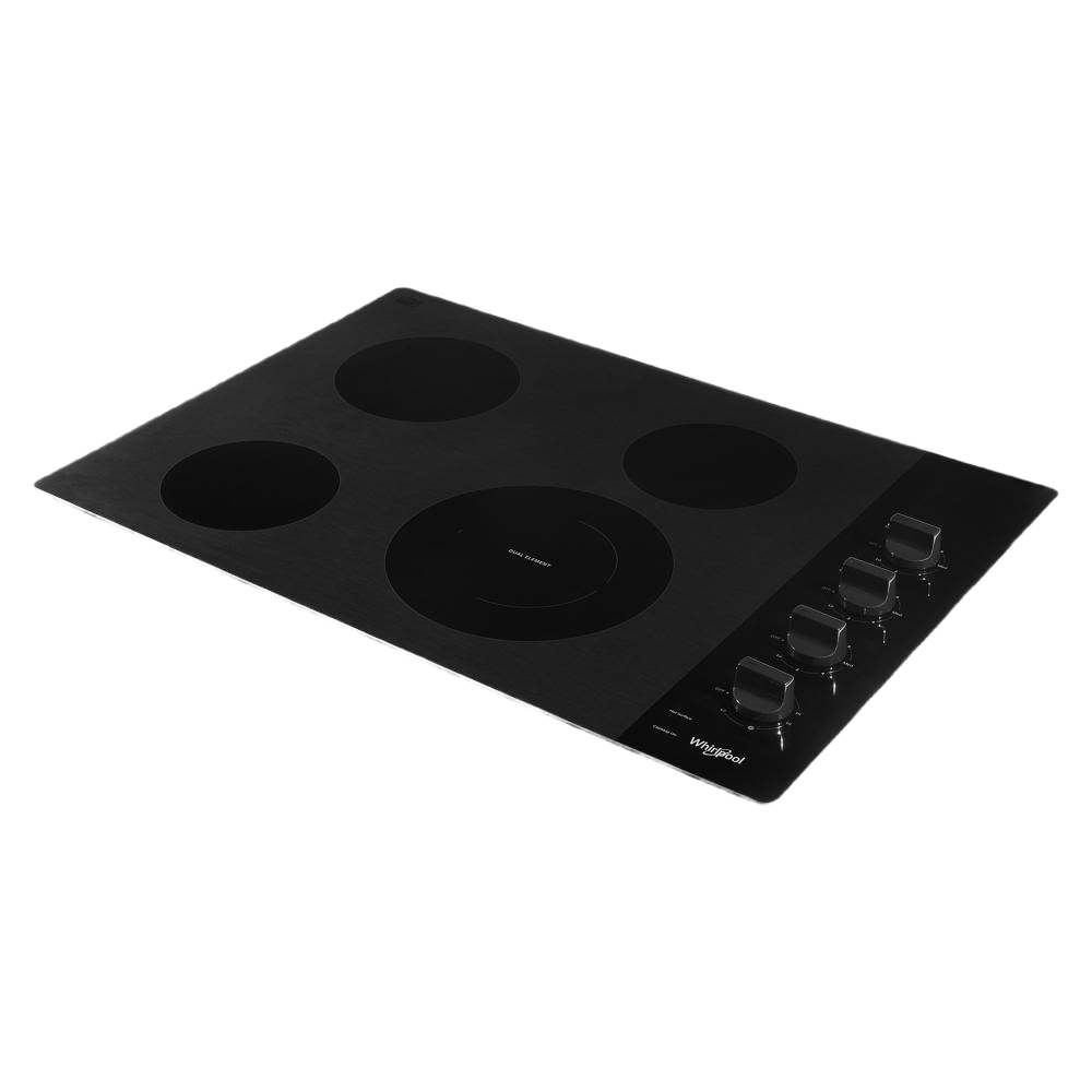 Black ceramic glass cooktop with four heating zones and side-mounted control knobs in kitchen and cooktop collections