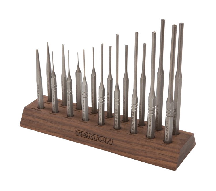 Stainless steel gunsmith punch set with multiple sizes, organized on a wooden display stand for home improvement tasks