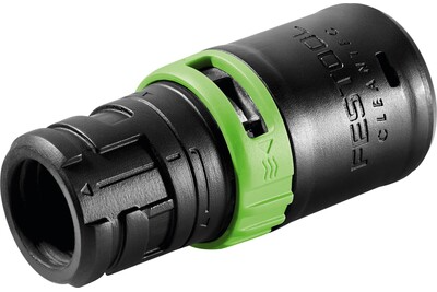 Close-up of black and green Festool dust extractor hose connector for woodworking tools and air filtration use