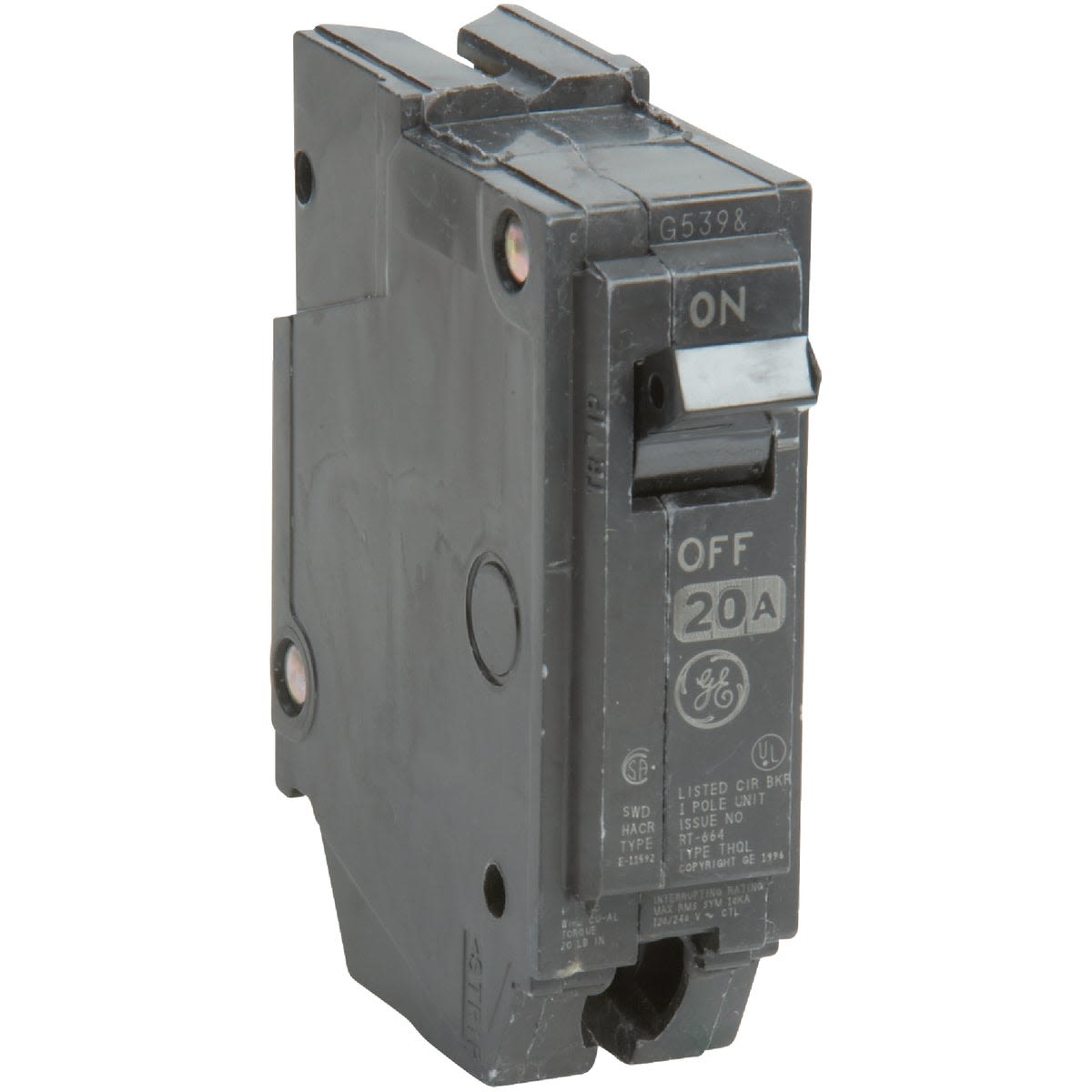 Black single-pole circuit breaker switch with ON/OFF toggle and 20 amp rating for home electrical panels