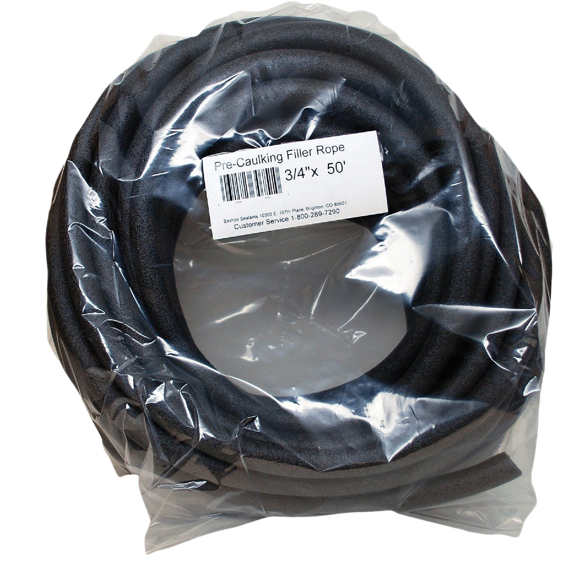 Gray foam backer rod coiled and packaged in clear plastic for use in sealing and home improvement projects