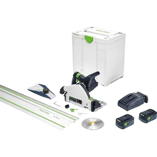 Cordless track saw kit with 55-inch guide rail, batteries, charger, saw blade, and carrying case in power tools collection