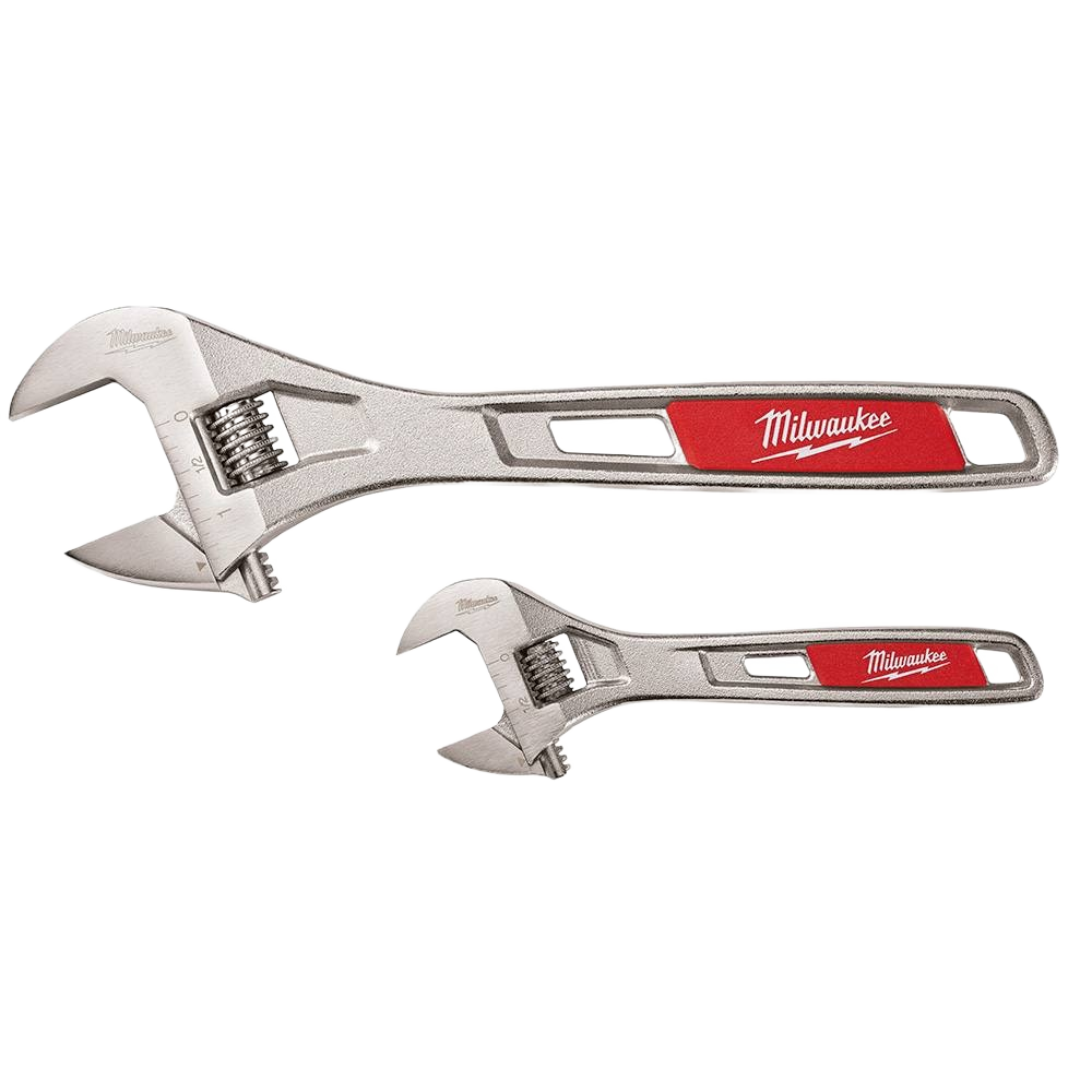 Two silver adjustable wrenches with red Milwaukee grips for tools and home improvement tasks
