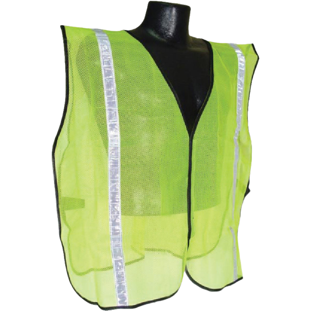 High-visibility lime green mesh safety vest with vertical reflective tape for enhanced visibility in safety gear collections