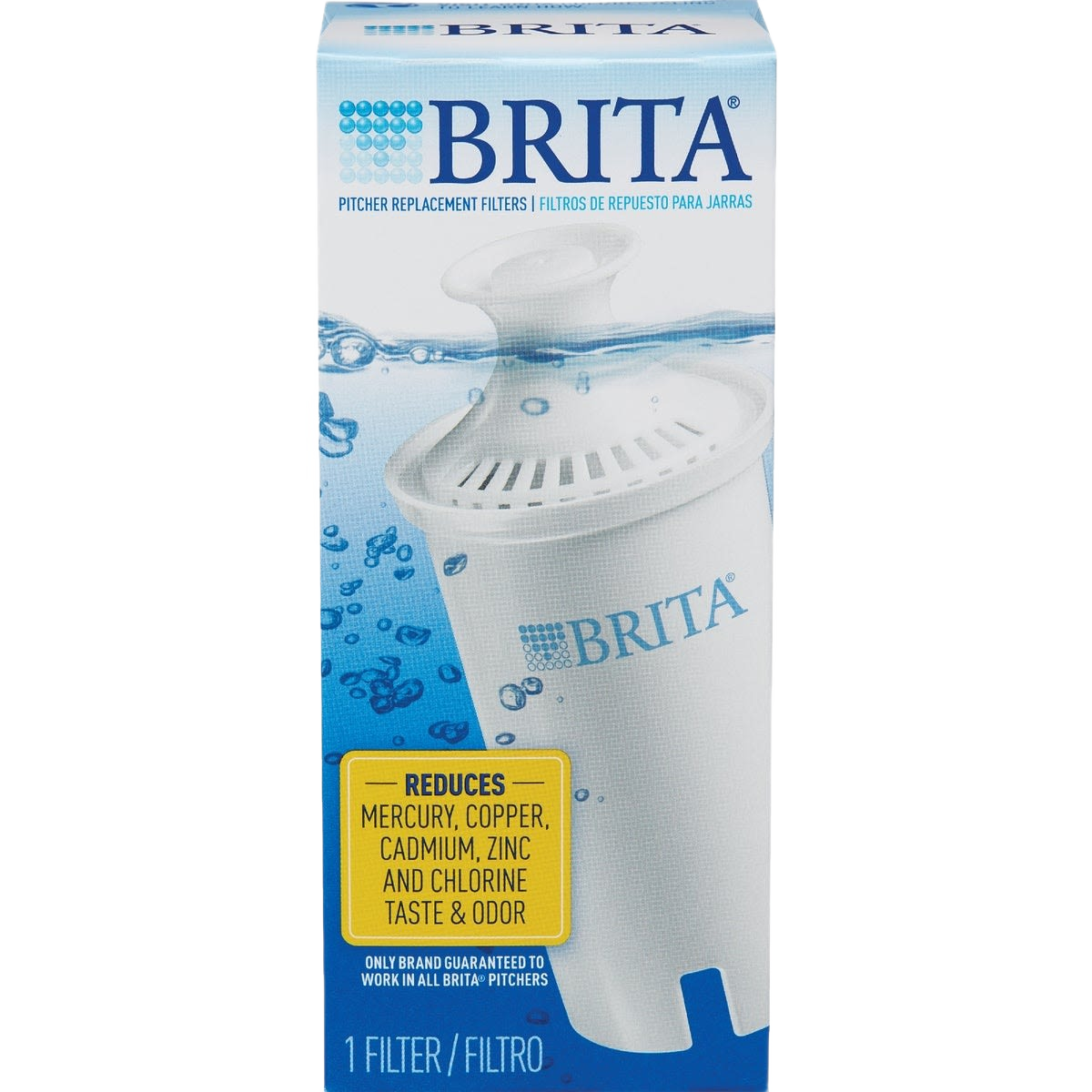 White Brita water filter cartridge packaging highlighting reduction of mercury, copper, cadmium, zinc, and chlorine for home use