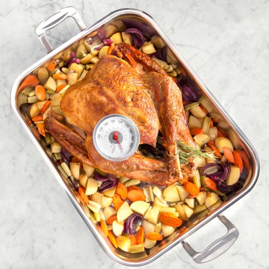 Roast turkey with assorted vegetables in stainless steel pan using precision leave-in meat thermometer under $50 kitchenware collections