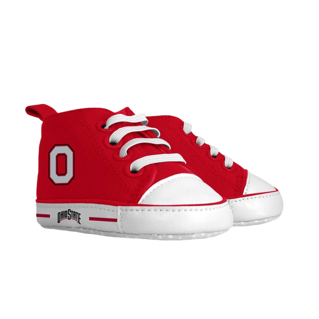 Red pre-walker baby shoes with white laces and Ohio State logo designed for infant footwear and comfort