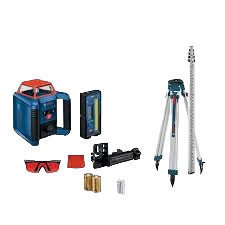 Blue and red Bosch self-leveling rotary laser kit including tripod, laser receiver, grade rod, batteries, and safety glasses, for measuring and leveling in rental tools at Hartville Hardware.