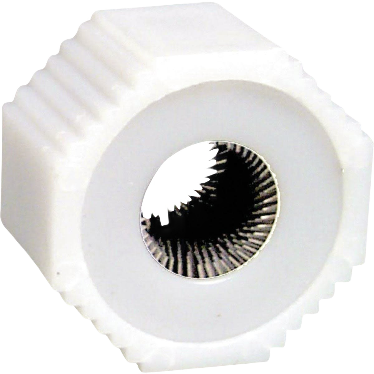White cylindrical brush with metal bristles designed for cleaning outside tube fittings in home improvement tasks