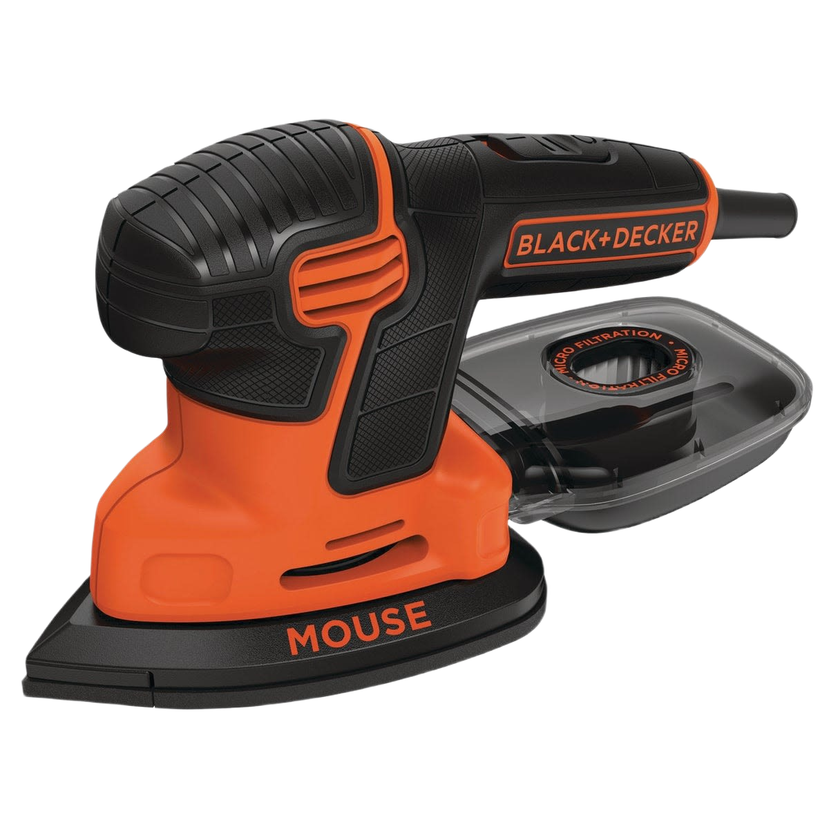 Compact BLACK+DECKER orange and black mouse finish sander with ergonomic grip and dust collection for home improvement tasks