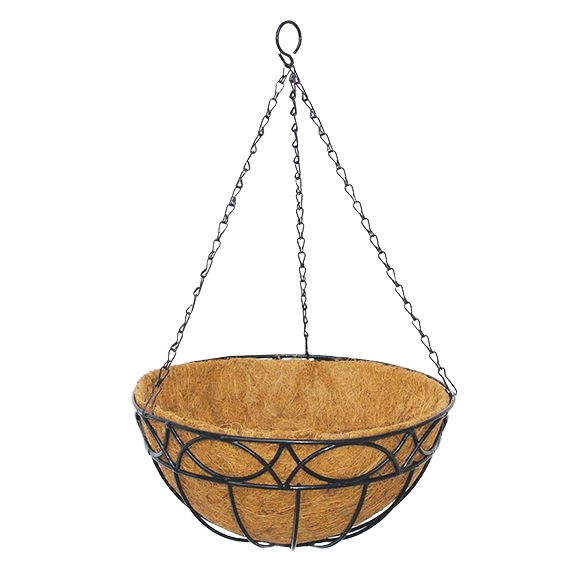 Metal hanging basket with decorative frame and natural coco liner for plants or flowers in outdoor spaces