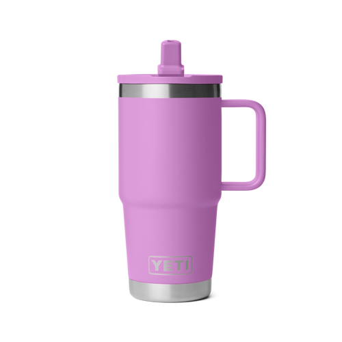 Tall pink stainless steel travel mug with handle and straw lid, double-wall insulated for hot or cold drinks, in Drinkware and Kitchen collections at Hartville Hardware.