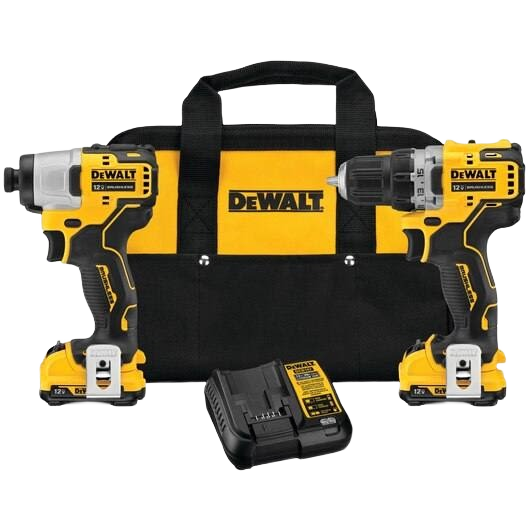 Yellow and black cordless drill and impact driver kit with charger and carrying bag for tools and home improvement projects