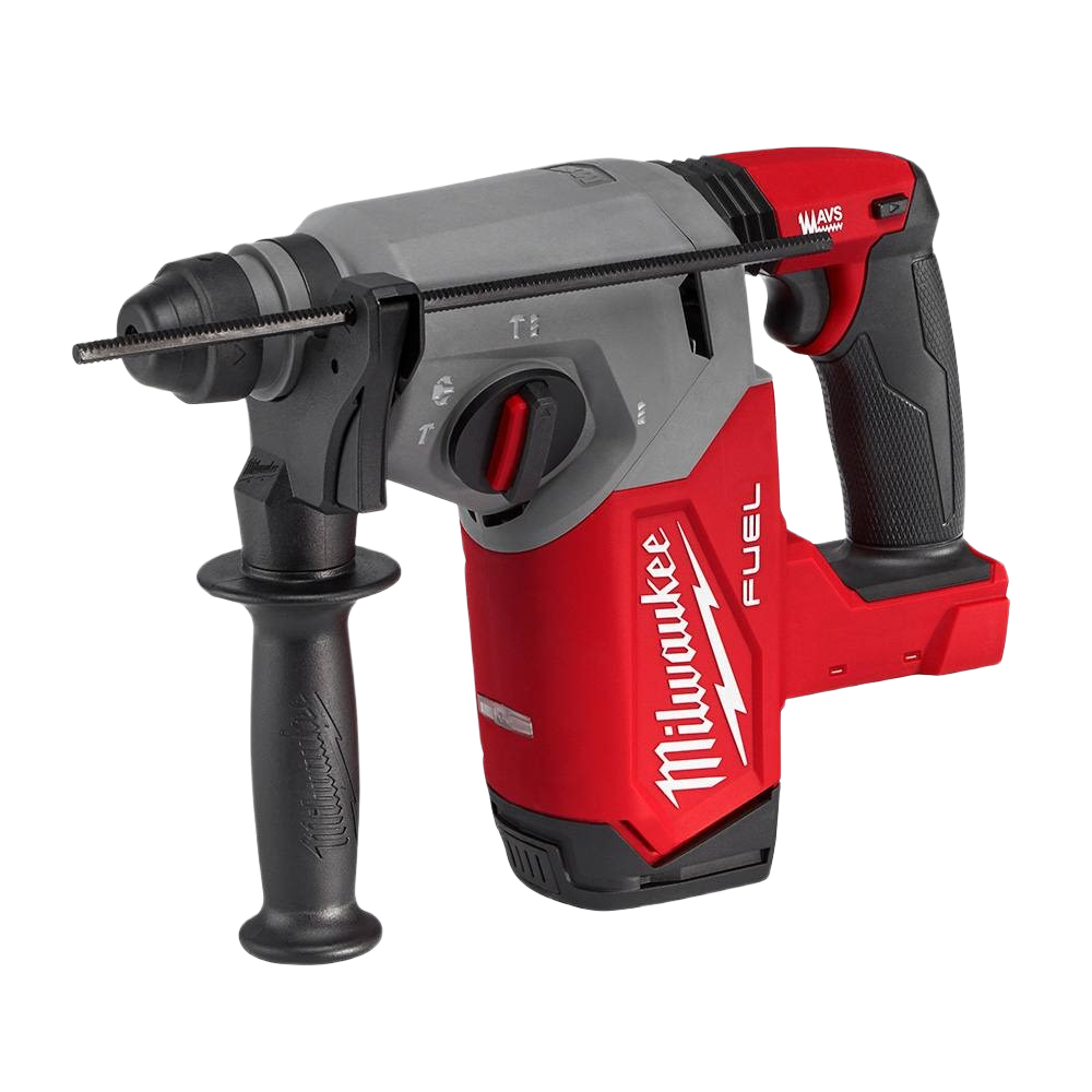 Cordless rotary hammer drill in red and gray with ergonomic handle for heavy-duty home improvement tasks and tools use
