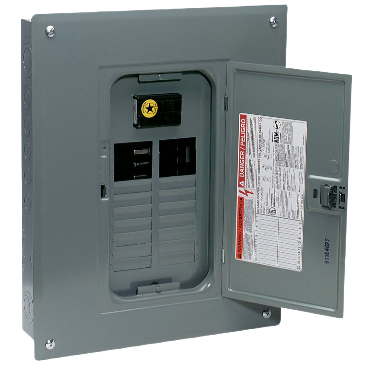 Gray electrical load center panel with open door showing breaker slots and warning label for home improvement use