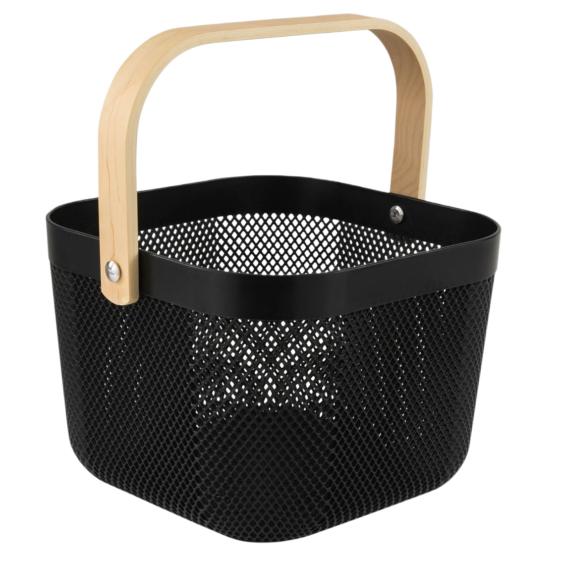 Black mesh storage basket with wooden handle for organizing tools and home improvement essentials