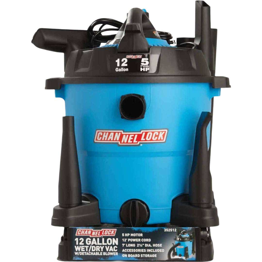 Blue 12-gallon wet and dry vacuum with 5 HP motor, detachable blower, and hose holders for home improvement use