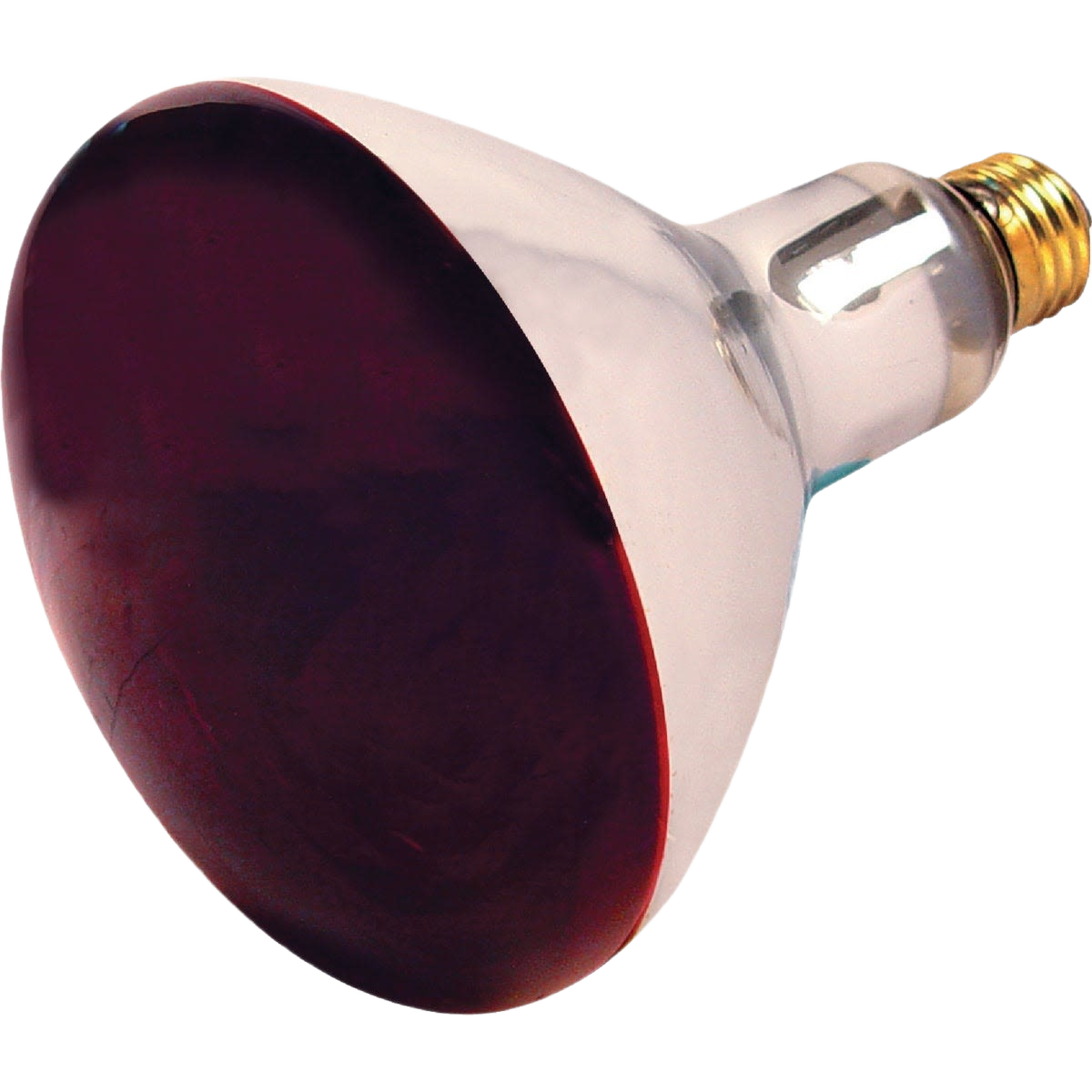 Red incandescent heat bulb with reflective glass housing and brass screw base for home improvement use