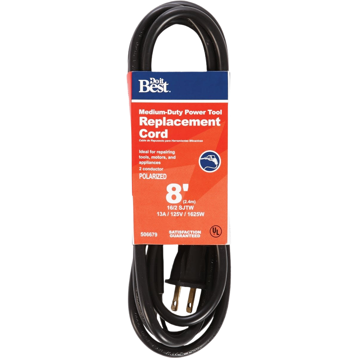 Black medium-duty polarized replacement power cord with 8-foot length for tools and home improvement use