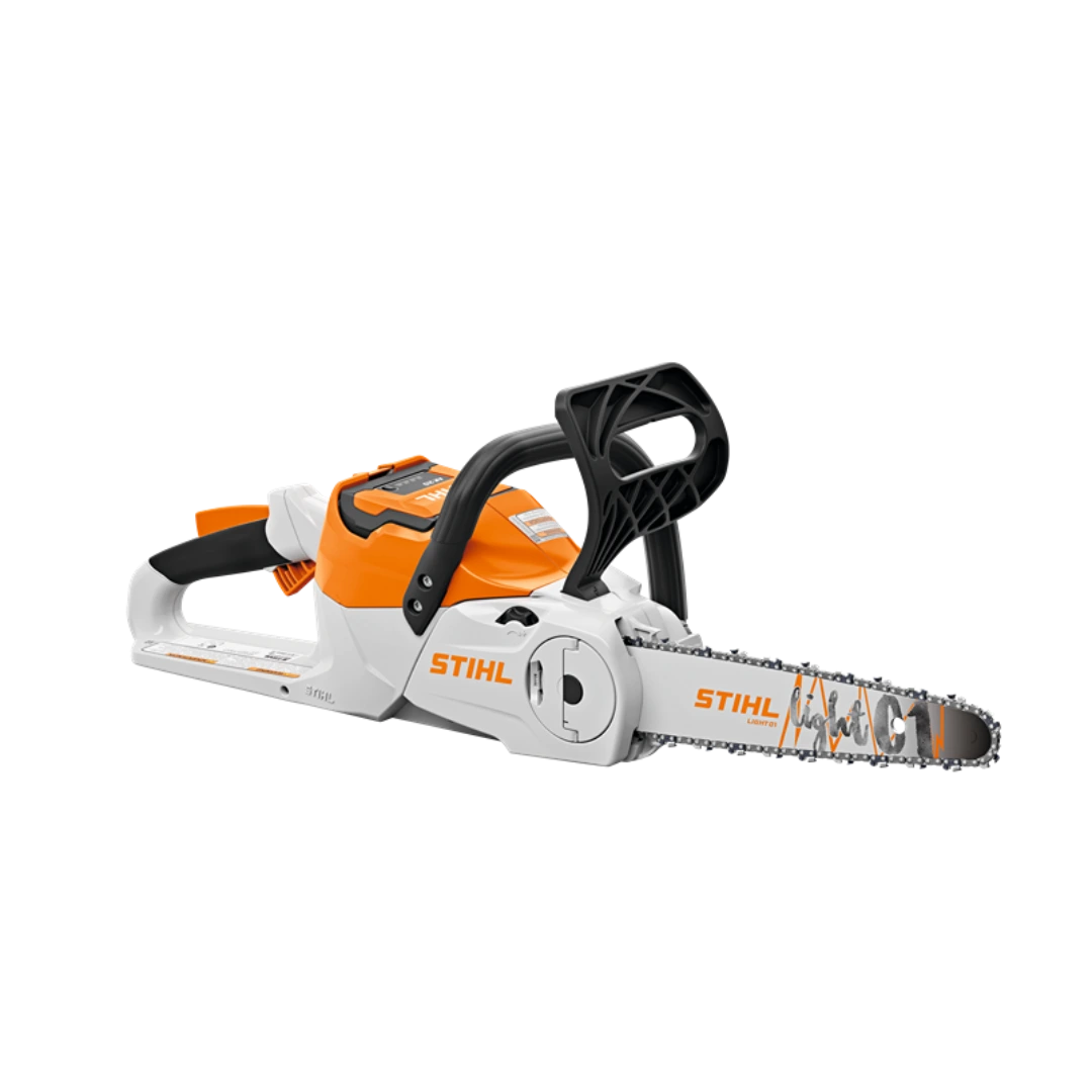 Orange and white battery-powered chainsaw with 12-inch bar and ergonomic handle for home improvement and outdoor cutting tasks