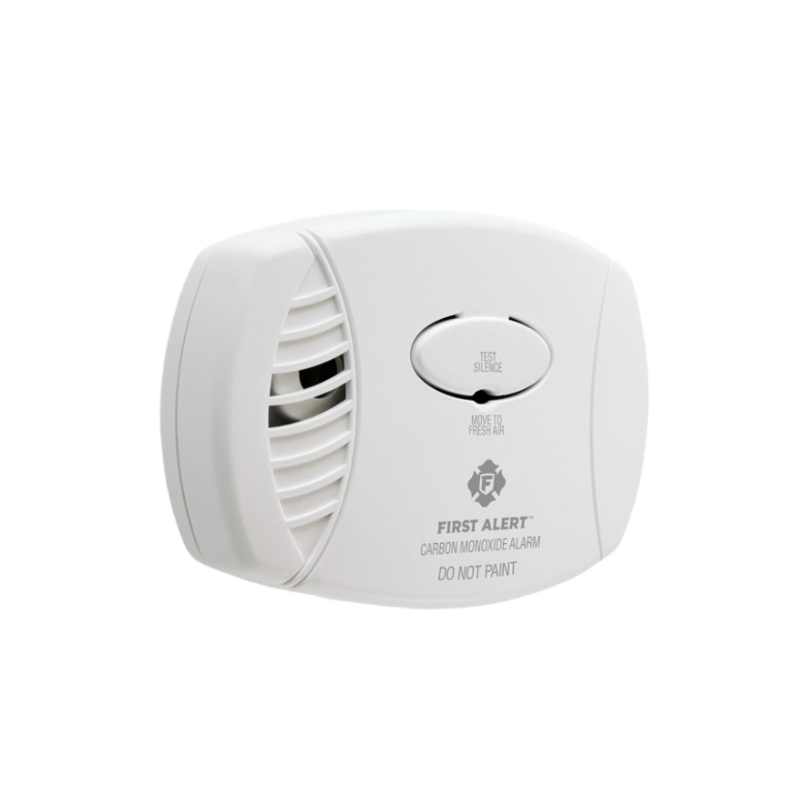 White plug-in carbon monoxide alarm with test button and ventilation grill for home safety and improvement