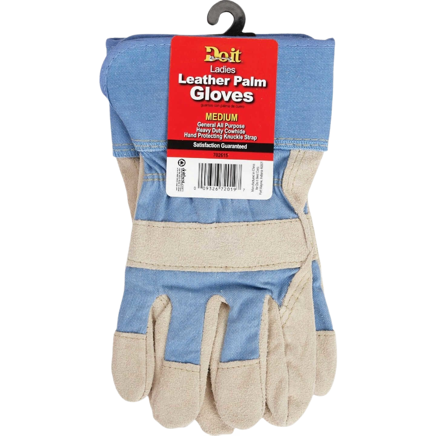 Medium blue and white leather palm gloves designed for women’s home improvement and tools use